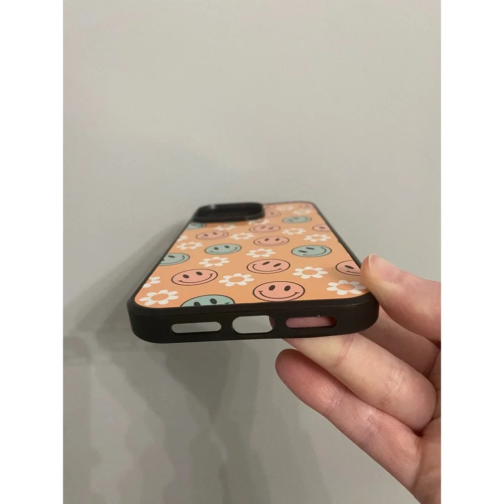 iPhone 14 Pro Max Case Unisex Peach Smiley Face Daisy Retro Y2K Floral Bumper